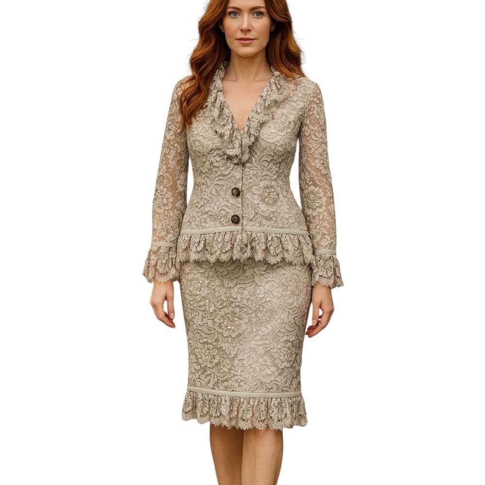 Vintage Beige Romantic Floral Lace Two Piece Skirt Suit Set with Ruffle Trim